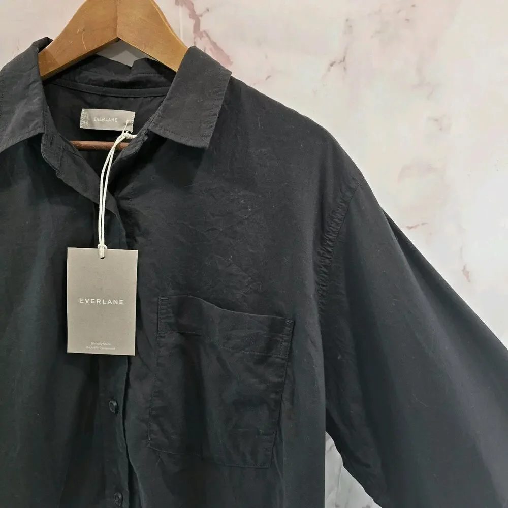 Everlane Shirt Womens Black Button Up The Silky Cotton Way Short Crop NEW